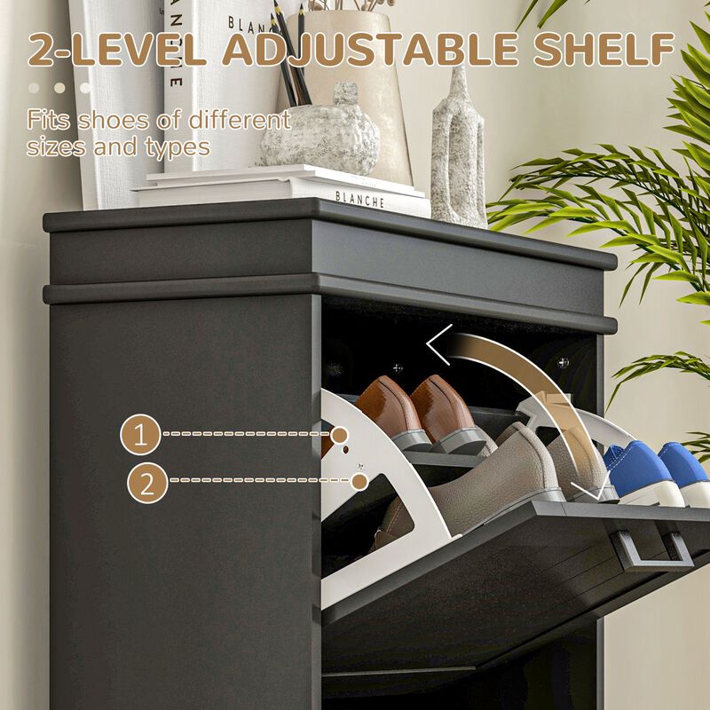 Black Shoe Cabinet: 2 Flip Drawers, 10-Pair Capacity