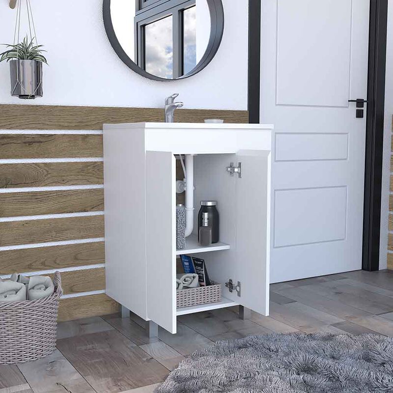 DEPOT E-SHOP Acra Free Standing Vanity, Two Interior Shelves, Two External Shelves, Double Door Cabinet, White