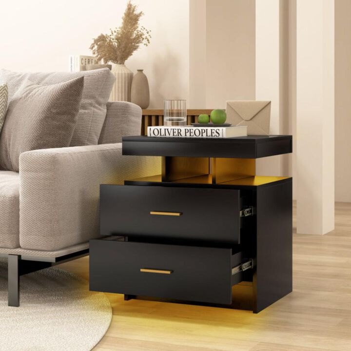 Hivvago LED Nightstand with 2 Storage Drawers for Bedroom-Black