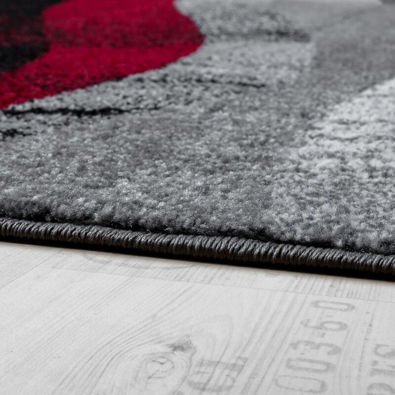 Modern Abstract Designer Rug in Grey Red with Wave Effect