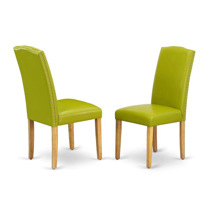 East West Furniture ENP4T51 Encinal Parsons Dining Chairs - Nailhead Trim Autumn Green Faux Leather Upholstered Chairs, Set of 2, Oak