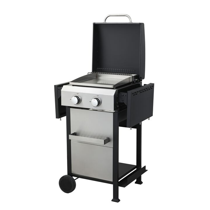 MONDAWE 2-Burner Propane Gas BBQ Grill, SS Plancha, 24600BTU Output With Wire Enamel Cooking Grids For Outdoor Barbecue, Foldable Side Table, Hanging Basket, Stainless Steel