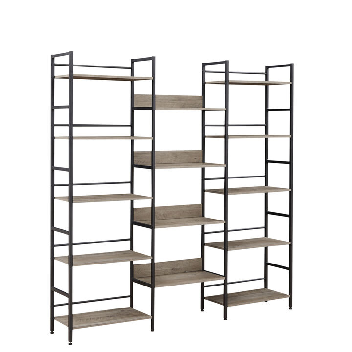 Retro Industrial Triple Wide Bookshelves, Grey, 69.3"W x 11.8"D x 70.1"H