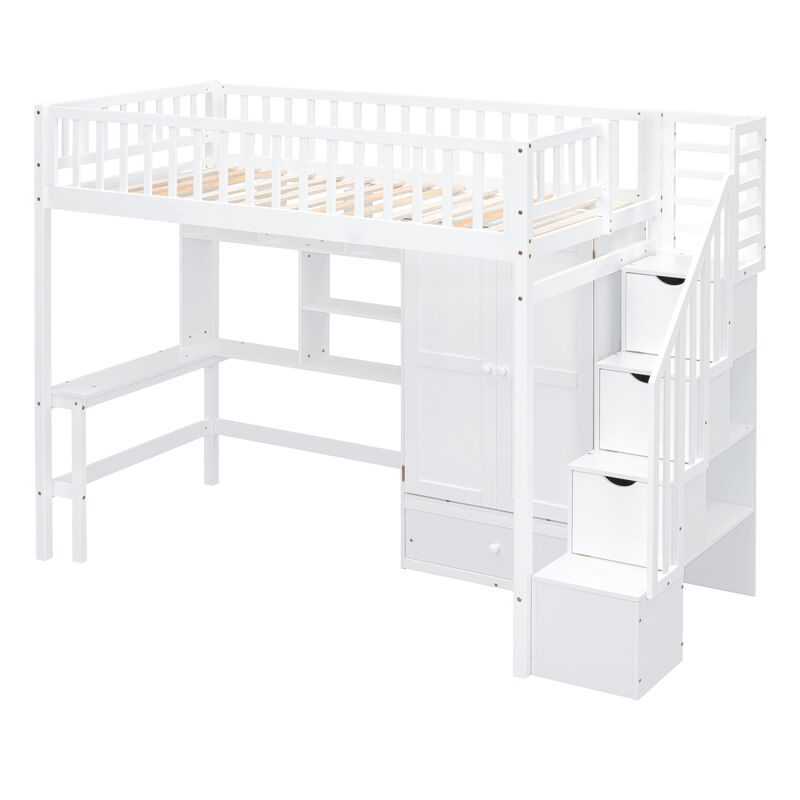 Twin Size Loft Bed With Bookshelf, Drawers, Desk, And Wardrobe White