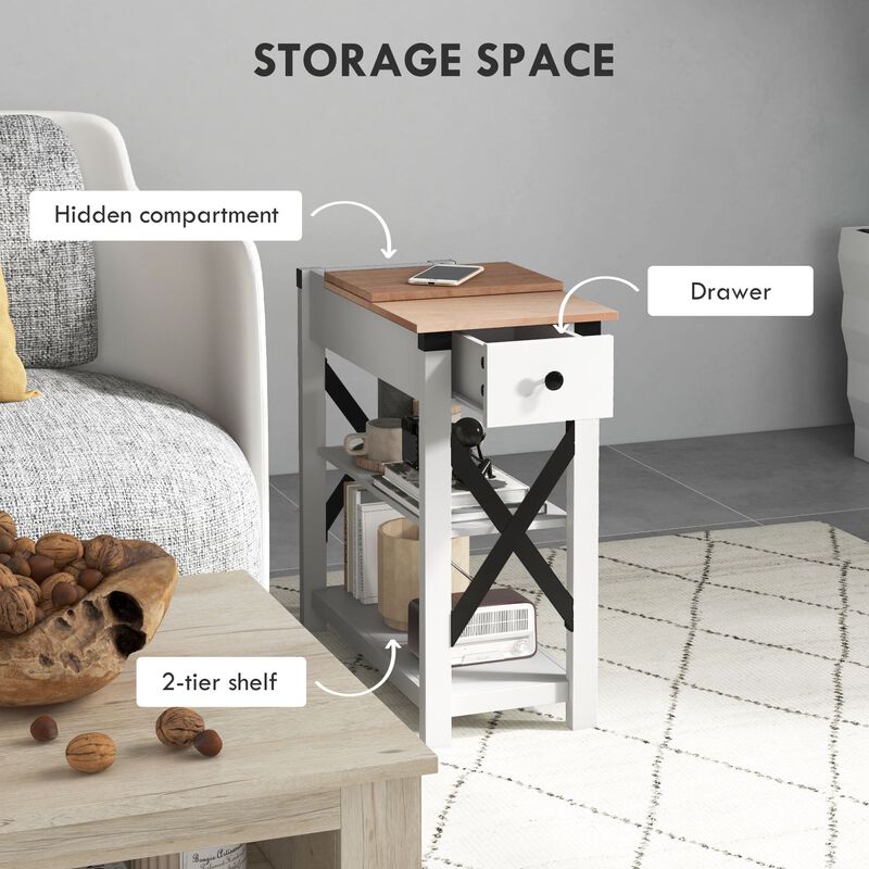 White End Side Table: Charging Station, 2 USB, 1 Outlet, 11.75" x 23.5" x 24.5"