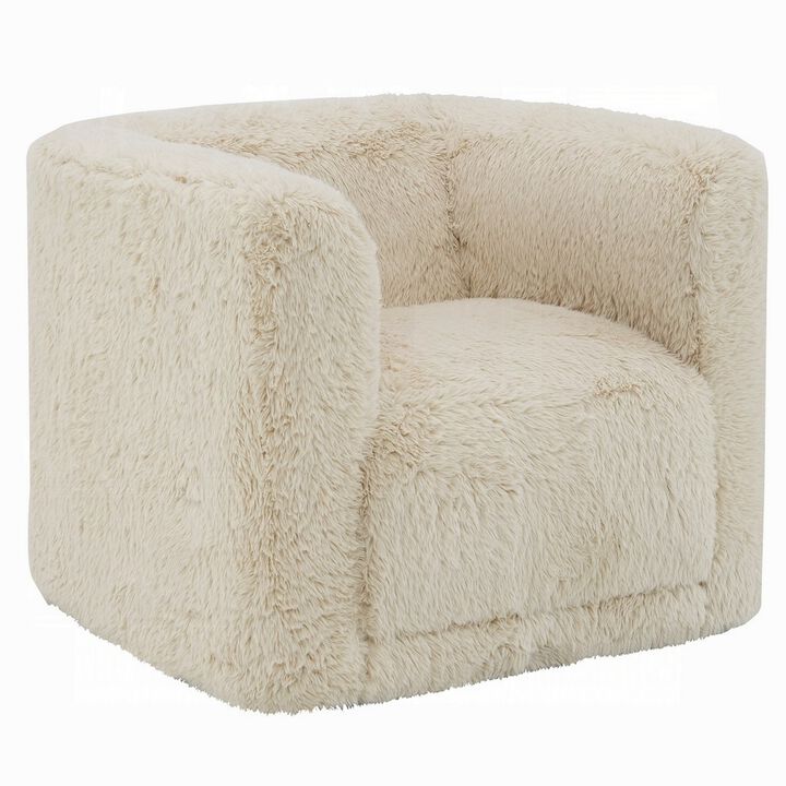 Savoir Swivel Accent Chair, Modern Soft Furry Beige Fabric, Round Arms - Benzara