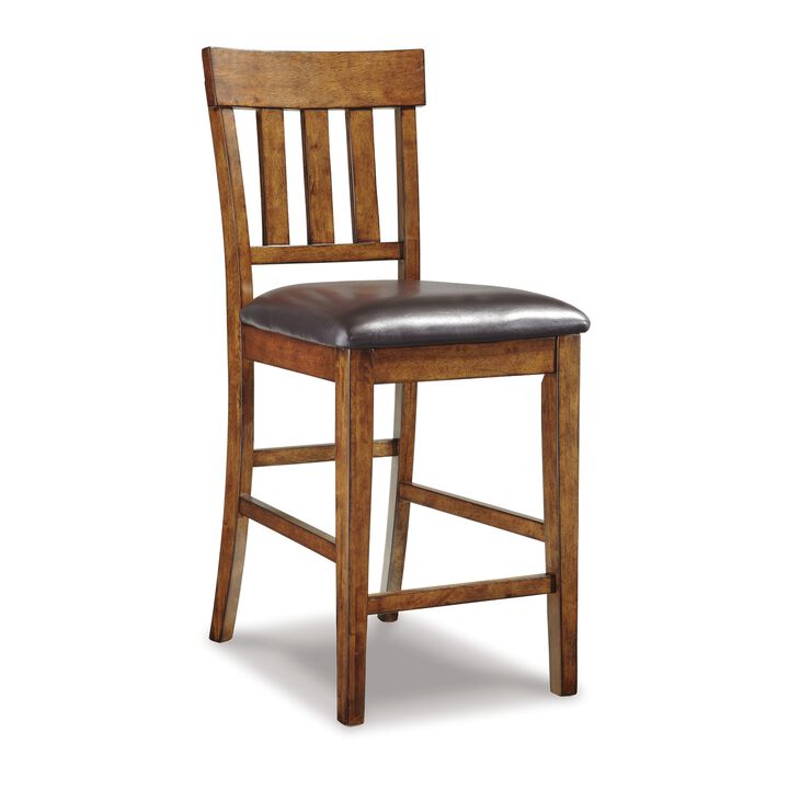 Raly Counter Height Chair Set of 2, Brown Faux Leather, Slatted Back - Benzara