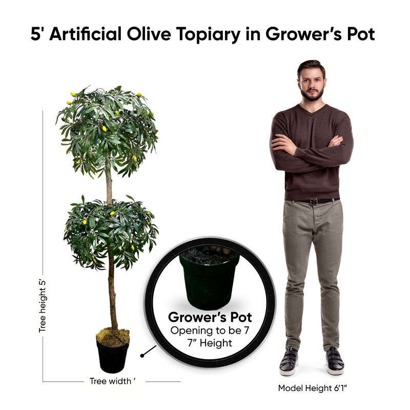 Handmade 5' Artificial Olive Topiary Tree In Home Basics Starter Pot Made with Real Wood and Moss Accents