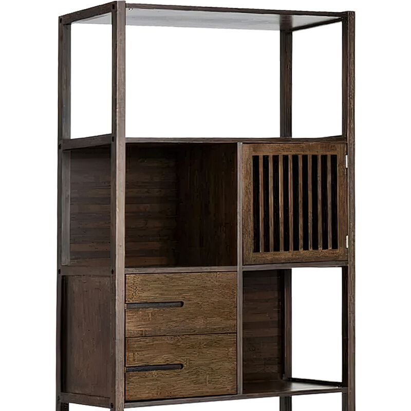 Axa 68 Inch Bamboo Shelf Bookcase with Cabinet, Right Facing, Dark Brown-Benzara