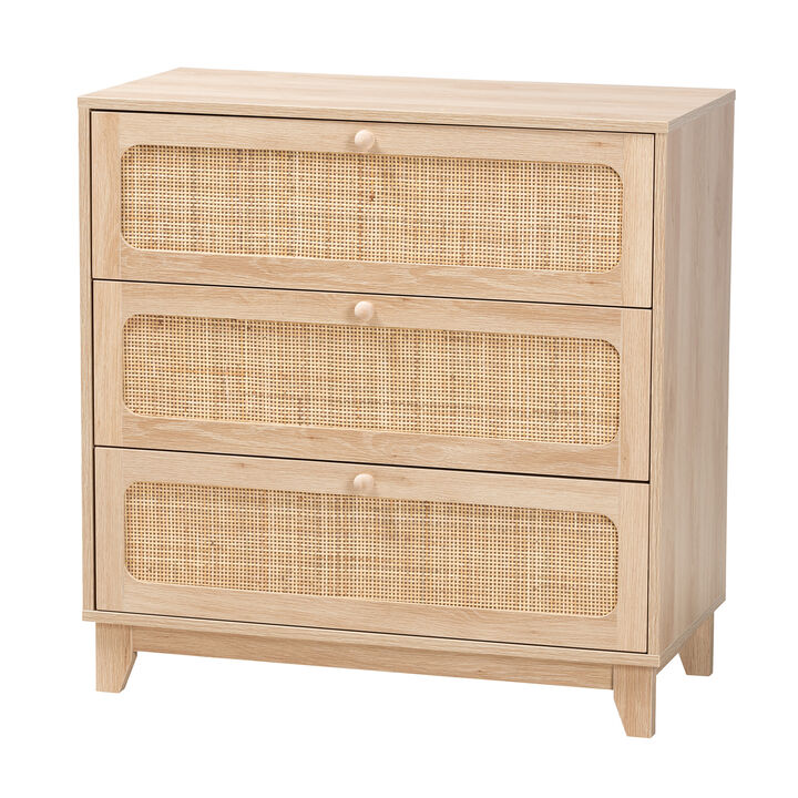 Baxton Studio Elsbeth Japandi Oak Finished Wood and Natural Rattan 3 Drawer Storage Cabinet