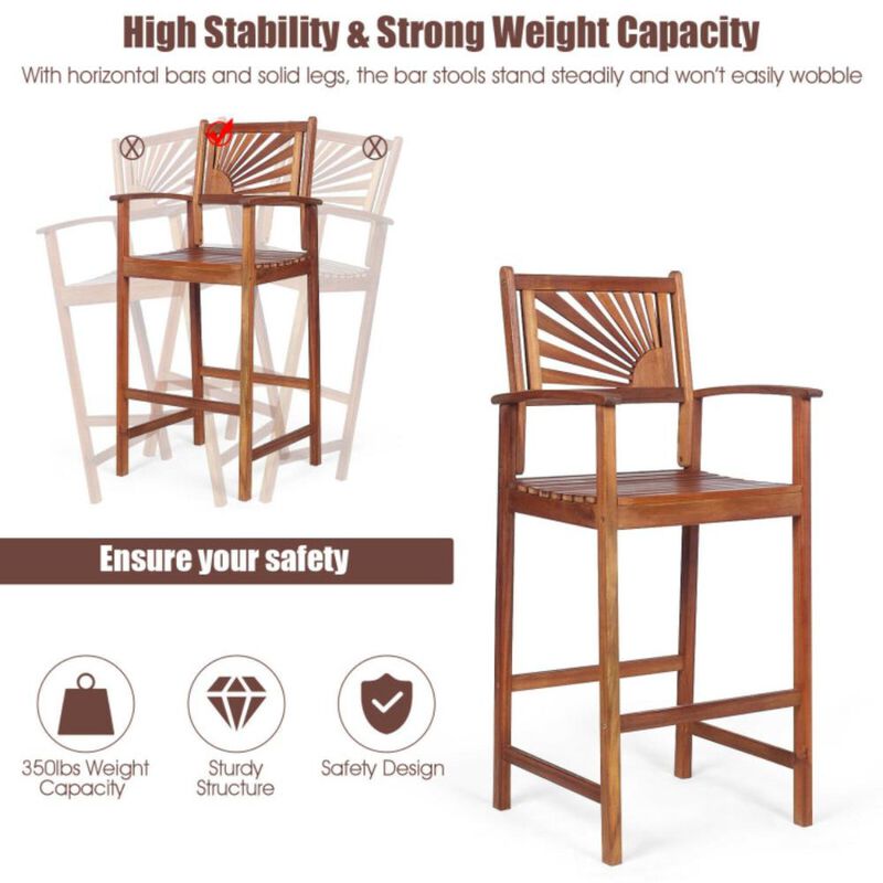 Hivvago 2 Pieces Outdoor Acacia Wood Bar Chairs with Sunflower Backrest and Armrests