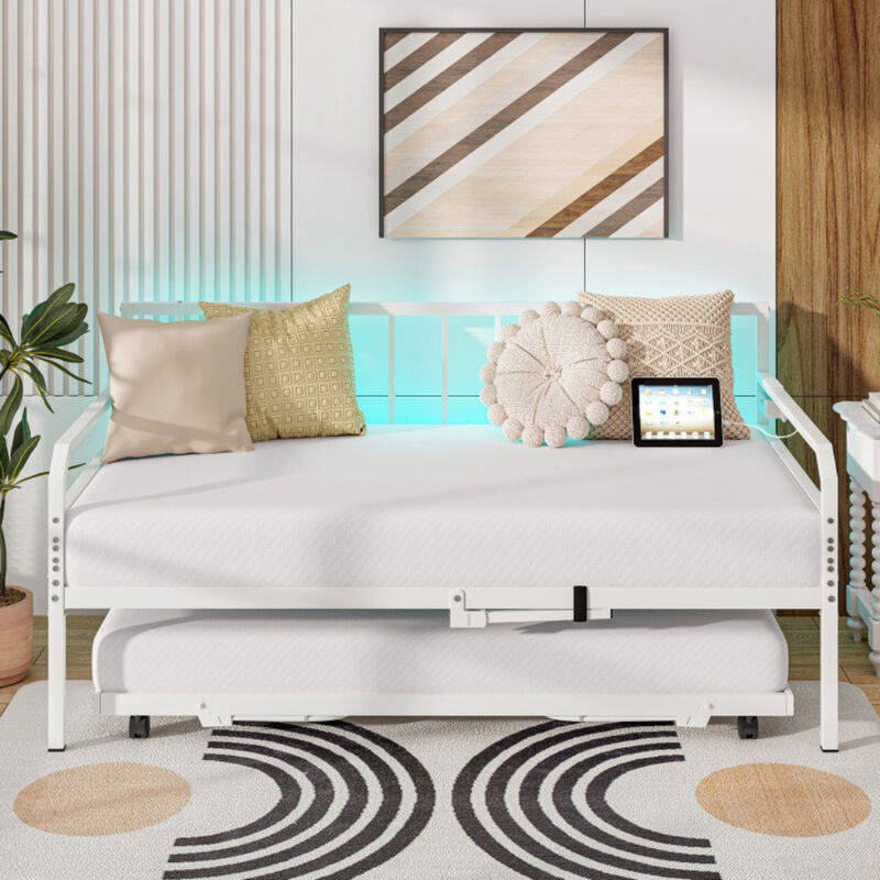Adjustable Metal Twin Size Daybed with Charging Station and LED Light