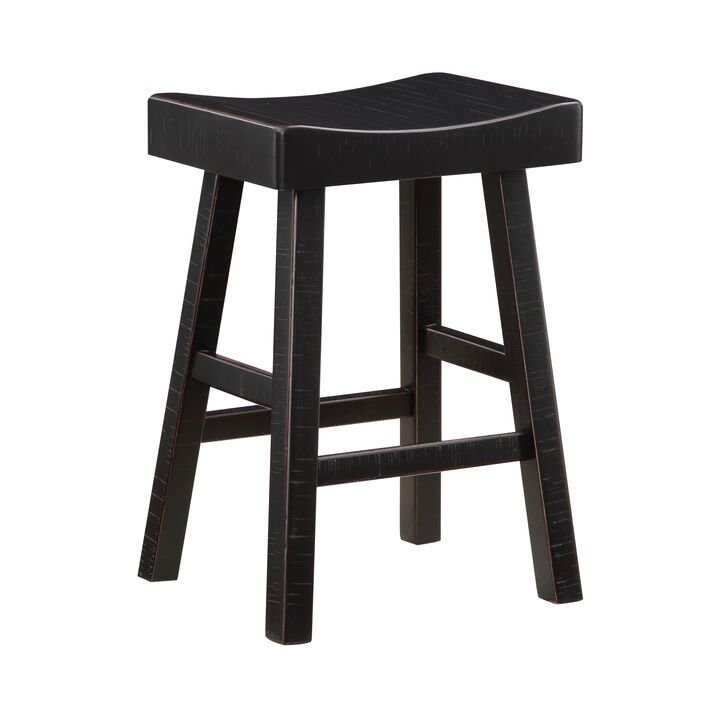 Casy 25 Inch Counter Height Stool, Saddle Seat, Black Rubberwood, Set of 2 - Benzara