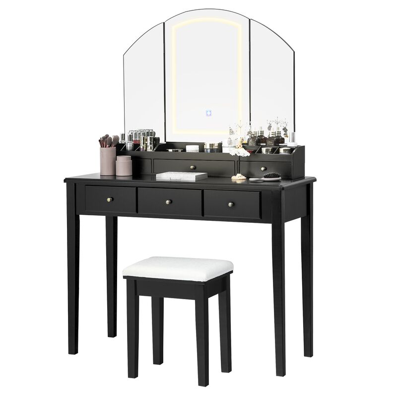 Vanity Table Stool Set with Large Tri-Folding Lighted Mirror for Bedroom or Dressing Area