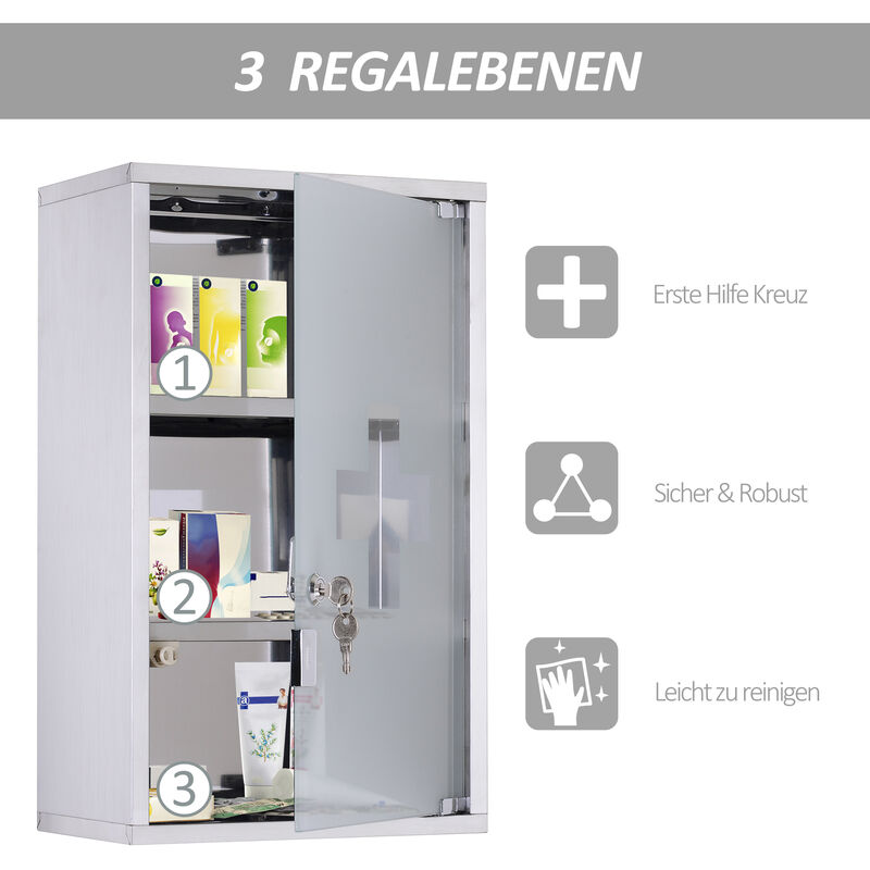 Stainless Steel Medicine Cabinet Wall Mount Frosted Door Lockable First Aid