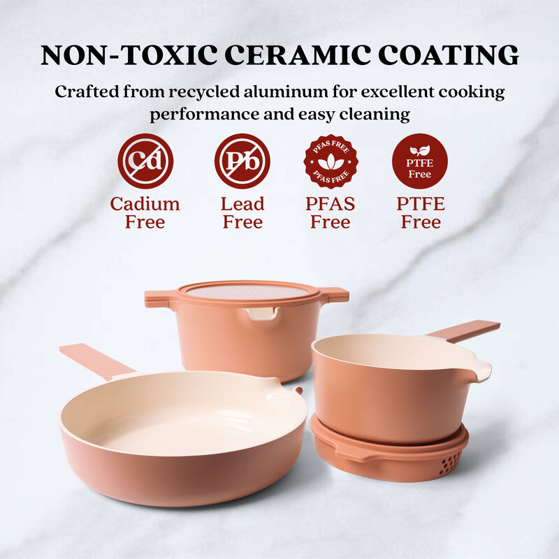 Alva Neat 5-in-1 Ceramic Nonstick Cookware Nesting Set, Recycled Aluminum Non-Toxic PFAS, PFOA & PTFE Free, Frying Pan, Cookware Set Compatible with All Cooktops & Induction Safe, Oven Safe
