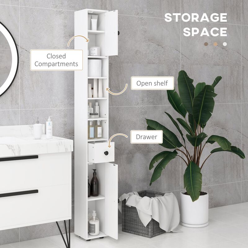 71" White Bathroom Storage: Narrow, Open Shelves, 2-Door Cabinets