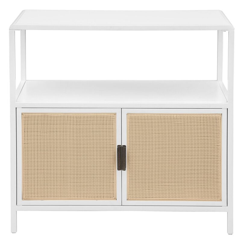 Lanie Accent Cabinet, Open Shelf and 2 Doors, PE Cane, White Metal - Benzara