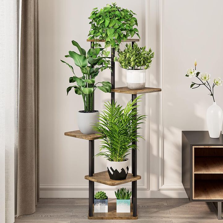 5 Tier-Black+Rustic Brown Shelving, Plant Stand, Interior Metal Flower Stand