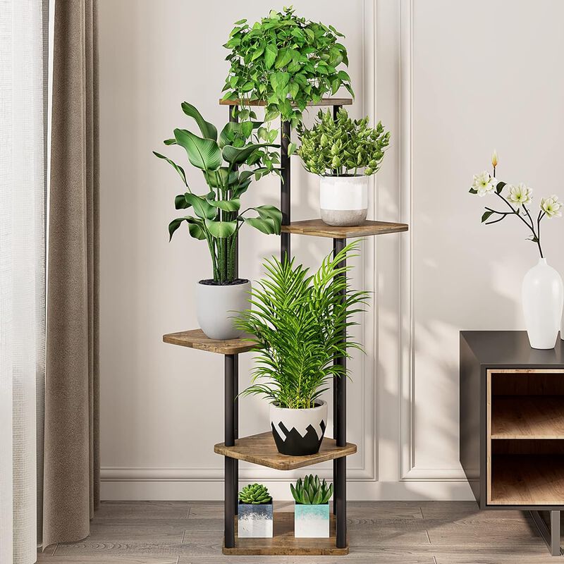 5 Tier-Black+Rustic Brown Shelving, Plant Stand, Interior Metal Flower Stand