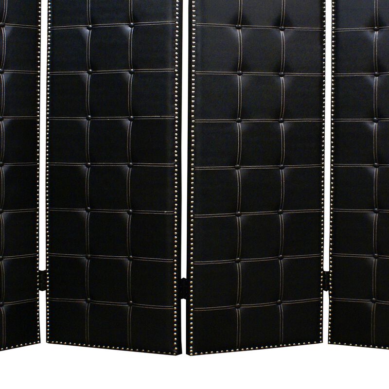 Wooden 4 Panel Screen with Button Tufting and Nailhead Trims, Black-Benzara