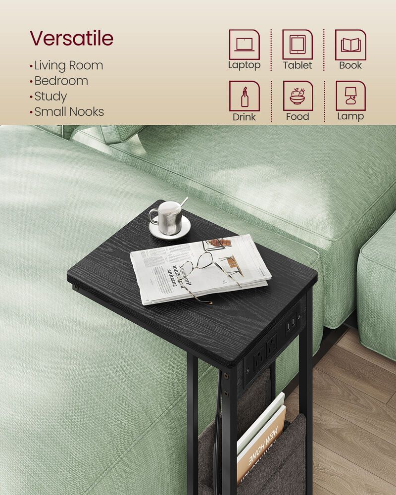 C-Shaped Side Table, End Table with Charging Station, 2 USB Ports and Outlets