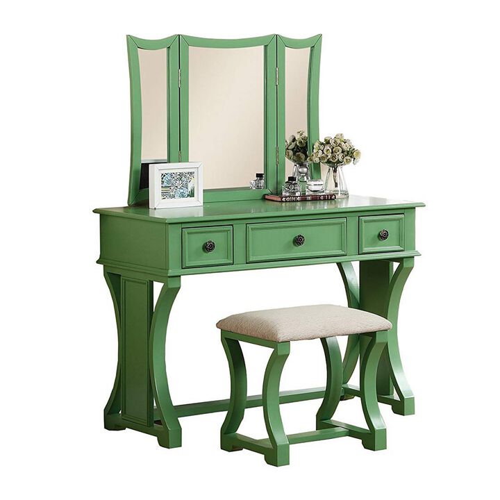 Modish Vanity Set Featuring Stool And Mirror Green-Benzara
