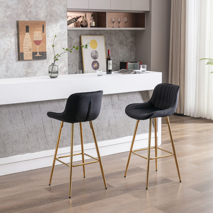30 inch Set of 2 Bar Stools, with Chrome Footrest Velvet Fabric Counter Stool Golden Leg Simple High Bar Stool, black