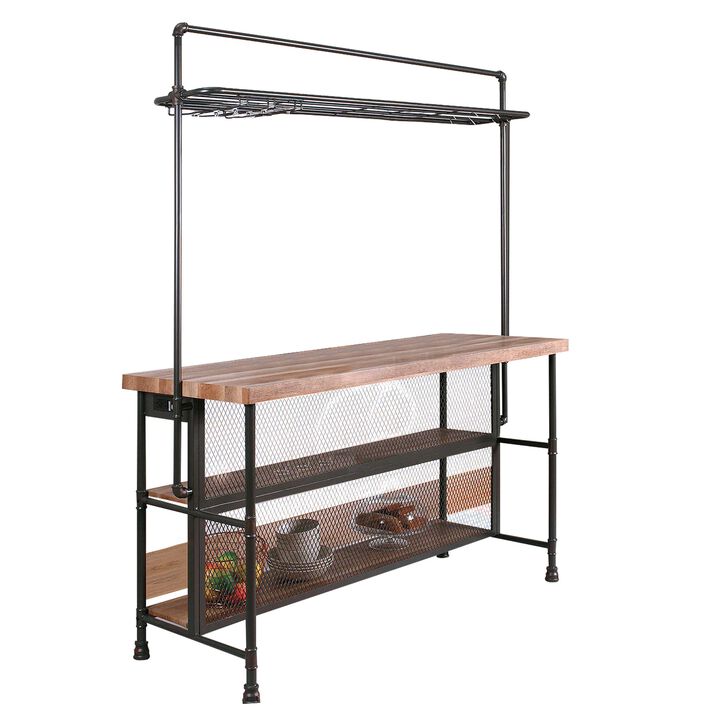 59 Inch Bar Table with Hanging Rack, Sand Black Metal, Natural Brown Wood - Benzara