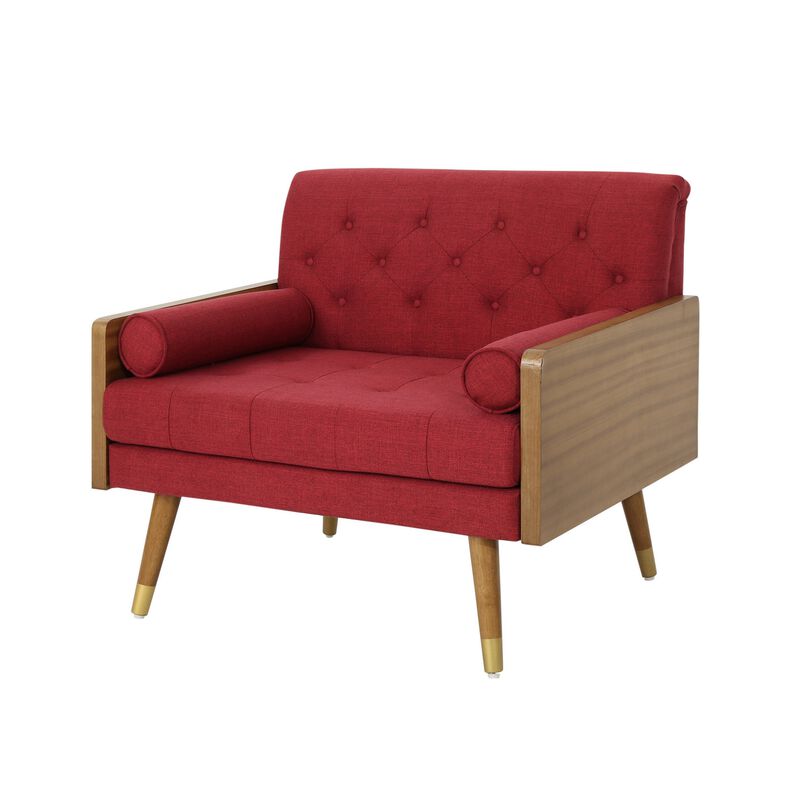 Lita Wide Accent Club Chair, Button Tufted, Red Fabric, Brown Frame - Benzara