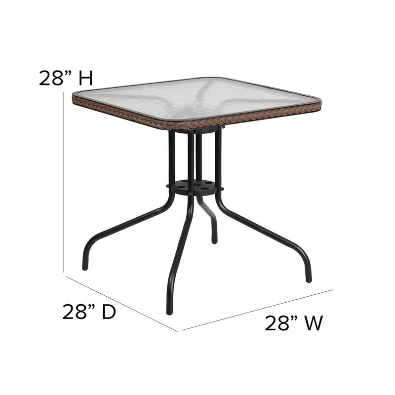 Flash Furniture Lila 28'' Square Glass Metal Table with Dark Brown Rattan Edging and 4 Dark Brown Rattan Stack Chairs