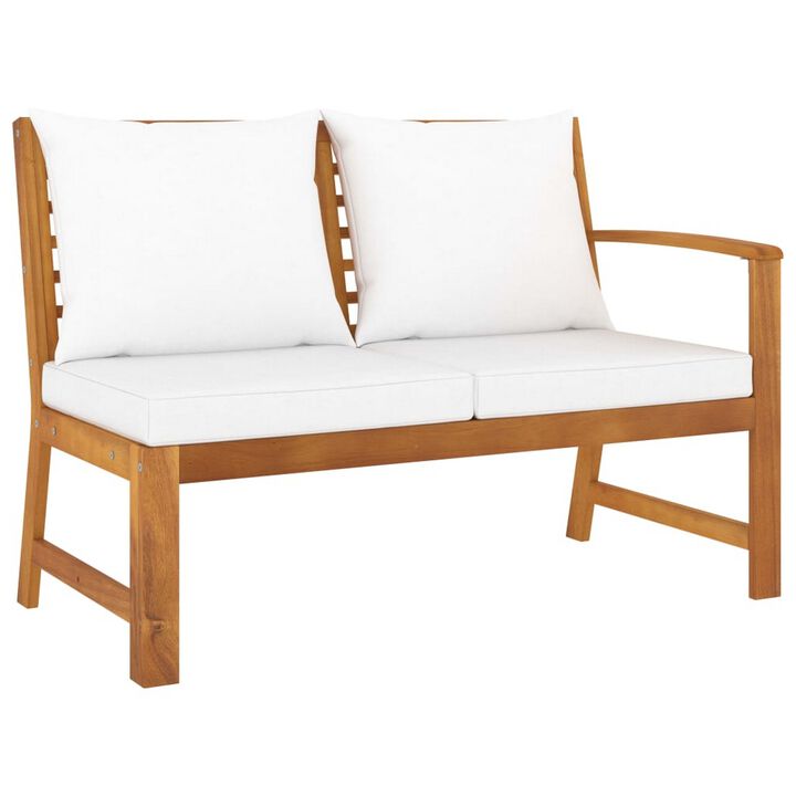 Outdoor Patio Bench, 45 Inch, Solid Brown Acacia Wood, Cream Polyester - Benzara