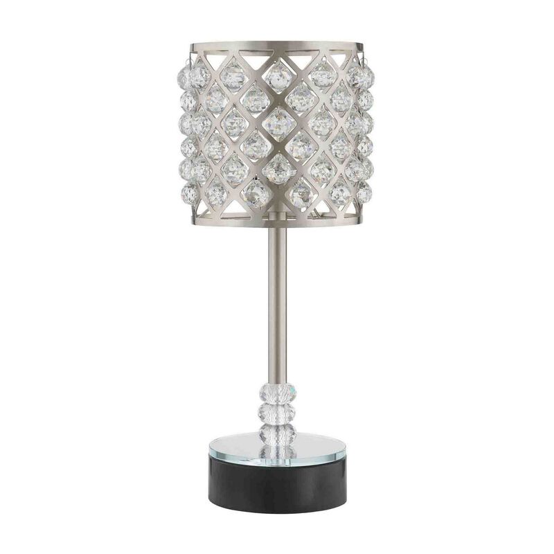 Dany 24 Inch Table Lamp with Crystal Drum Shade, Metal, Brushed Nickel-Benzara