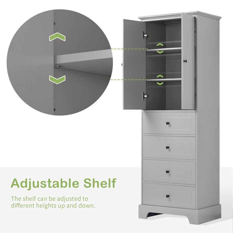 Bathroom Storage Cabinet with Adjustable Shelf, 2 Doors, and 4 Drawers