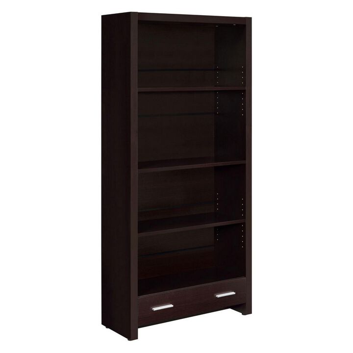 Wooden Bookcase with 3 Shelves and 1 Drawer, Dark Brown-Benzara