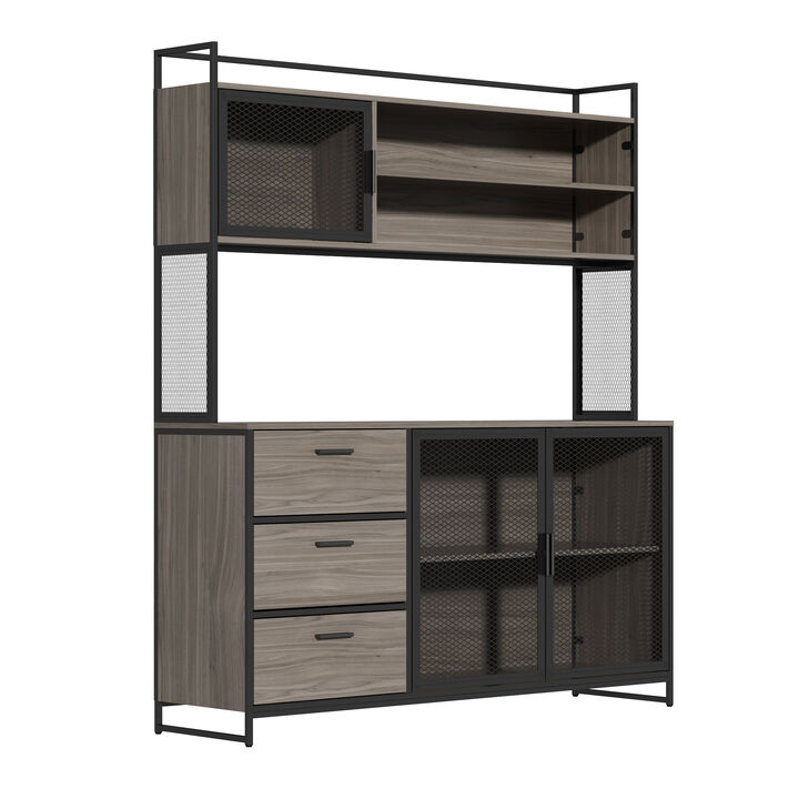 59 in. W Kitchen Light Brown Wood Buffet Sideboard Pantry Cabinet For Dining Room with Metal Mesh Doors, 3-Drawers