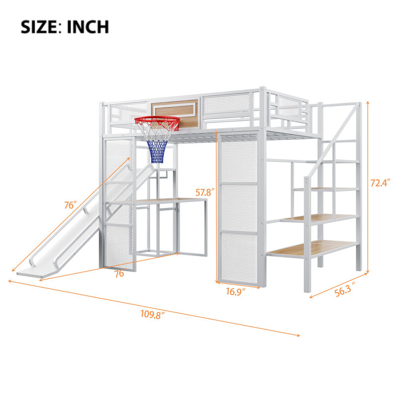 Merax  Metal Loft Bed with Desk and Open Wardrobe