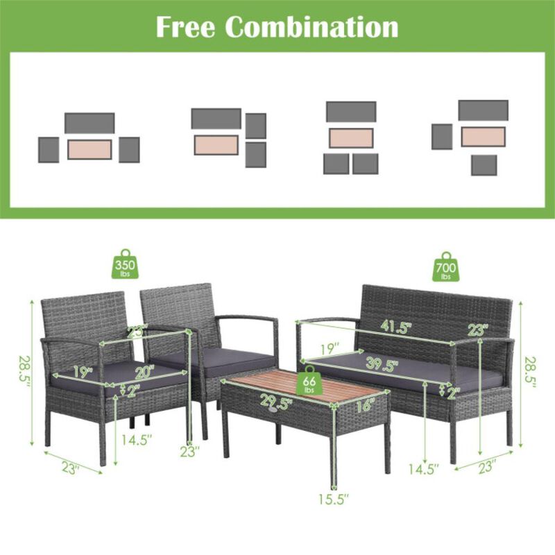 Hivvago 4 Pieces Rattan Patio Conversation Furniture Set with Acacia Wood Tabletop