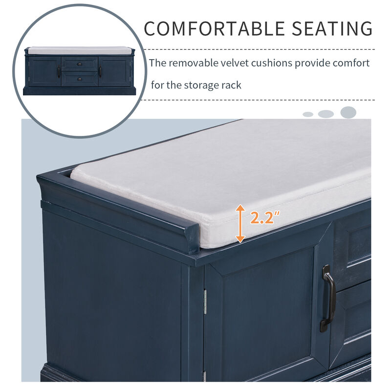 Storage Bench With 2 Drawers And 2 Cabinets, Shoe Bench With Removable Cushion For Living Room