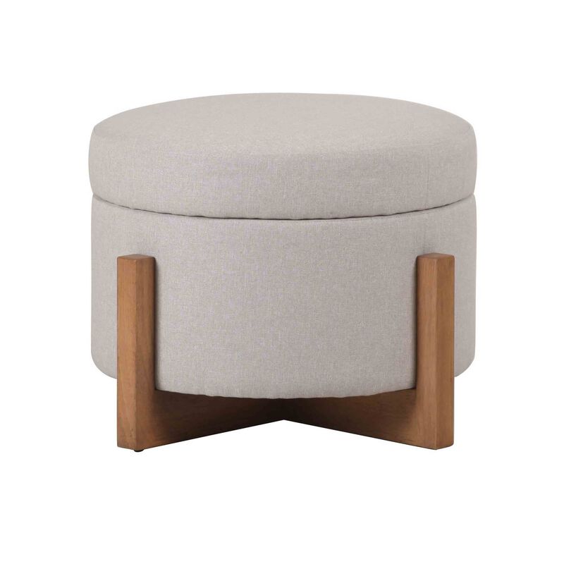 24 Inch Ottoman, Round Cushioned Storage Seat, Gray Polyester, Brown Wood - Benzara