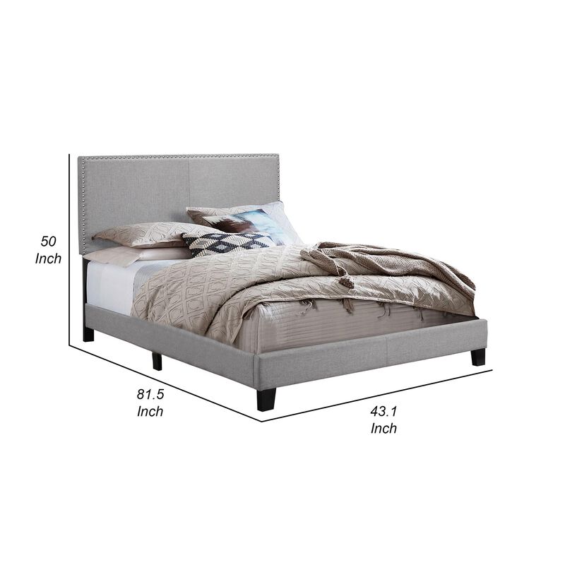 Shirin Twin Size Bed, Wood, Nailhead Trim, Upholstered Headboard, Gray - Benzara