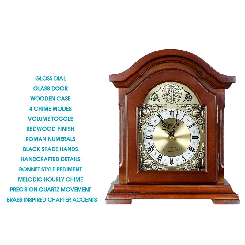 Bedford Clock Collection Redwood Mantel Clock with Chimes