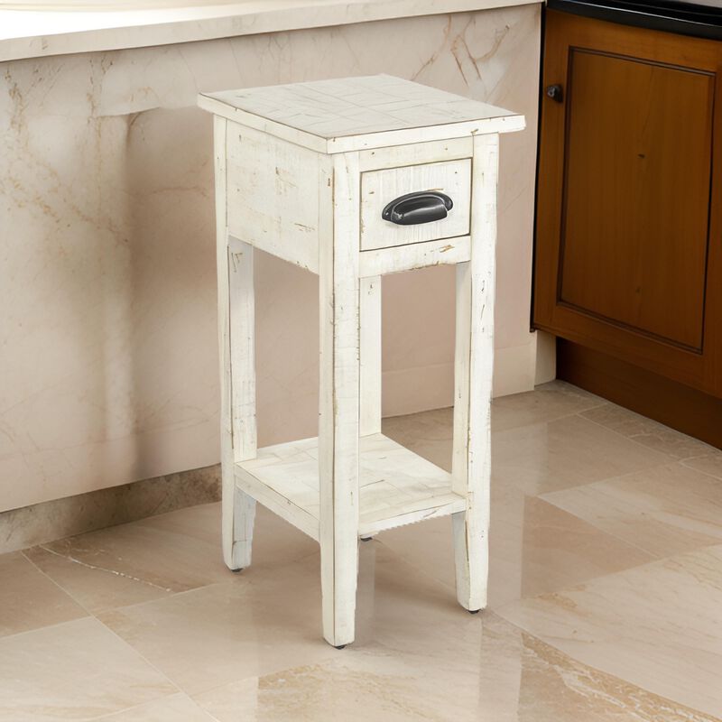 Rena Chairside Table, Drawer and Shelf, 14 Inch White Mahogany Wood - Benzara