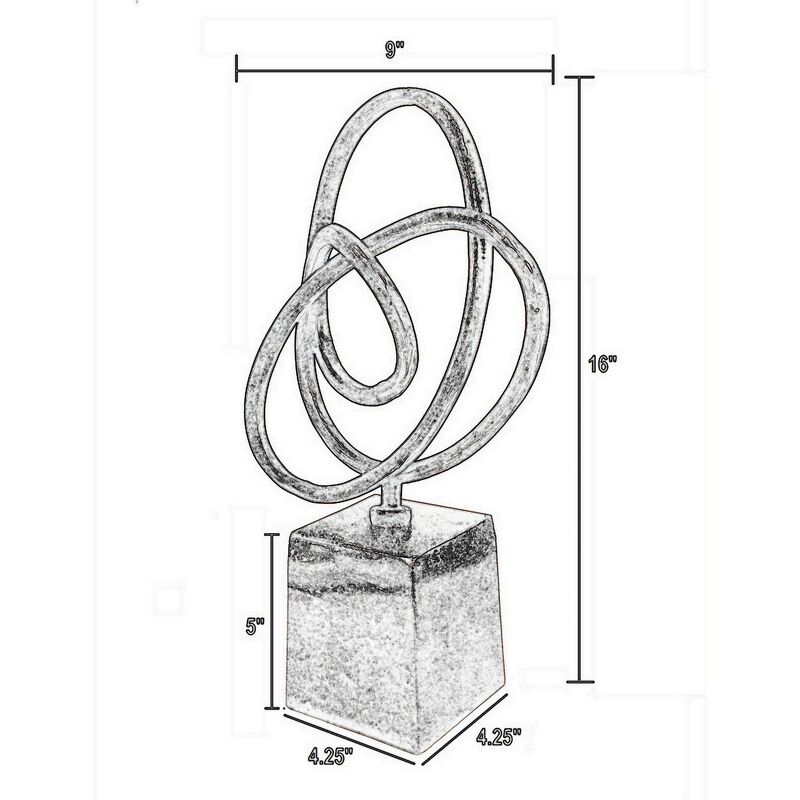 9 Inch Table Sculpture, Abstract Loop Design, Block Base, Black, Silver - Benzara