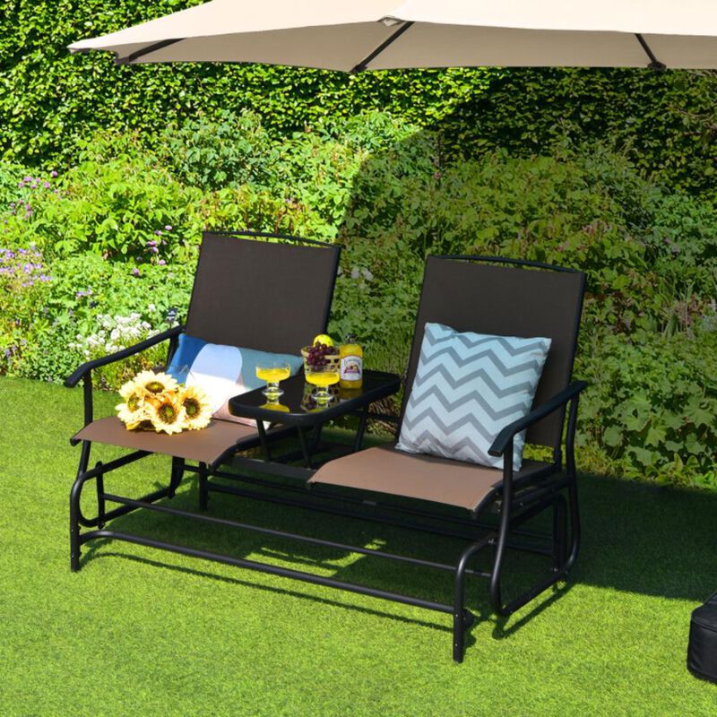 Hivvago 2-Person Double Rocking Loveseat with Mesh Fabric and Center Tempered Glass Table