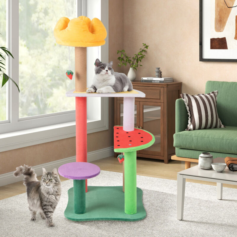 Multi-Level Cat Tree with Plush Padded Top Perch and Fruit-Shaped Platforms