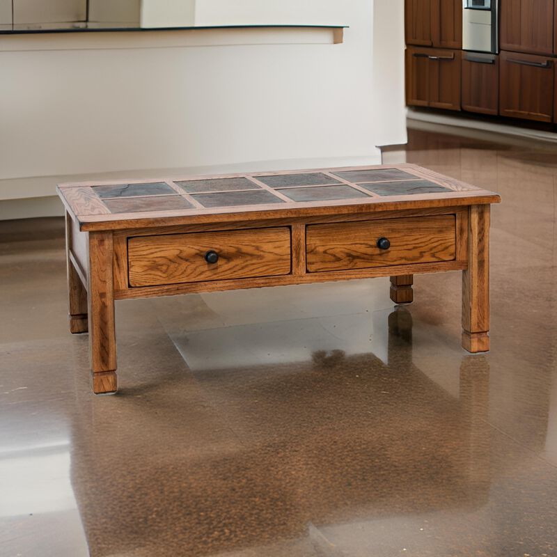 Marv Coffee Table, 2 Drawers, 49 Inch Rectangular w Brown Slate Inlay - Benzara