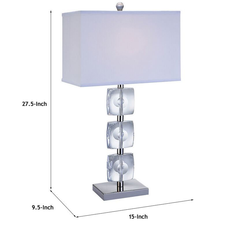 28 Inch Table Lamp, Crystal Stand, White Rectangular Shade, Metal, Clear -Benzara