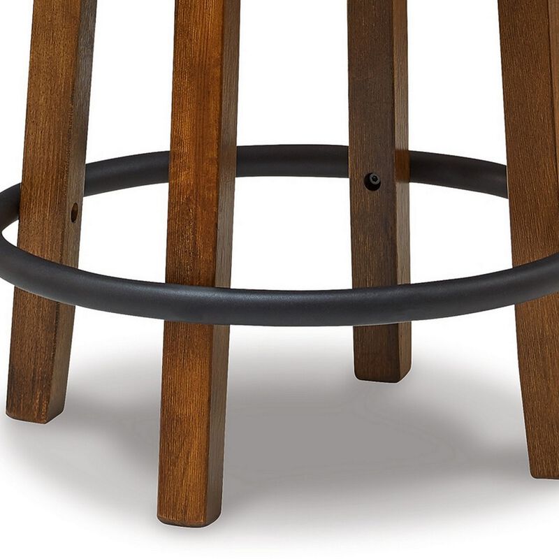 Zane 24 Inch Backless Swivel Counter Stool, Round Beige Seat, Brown Wood - Benzara