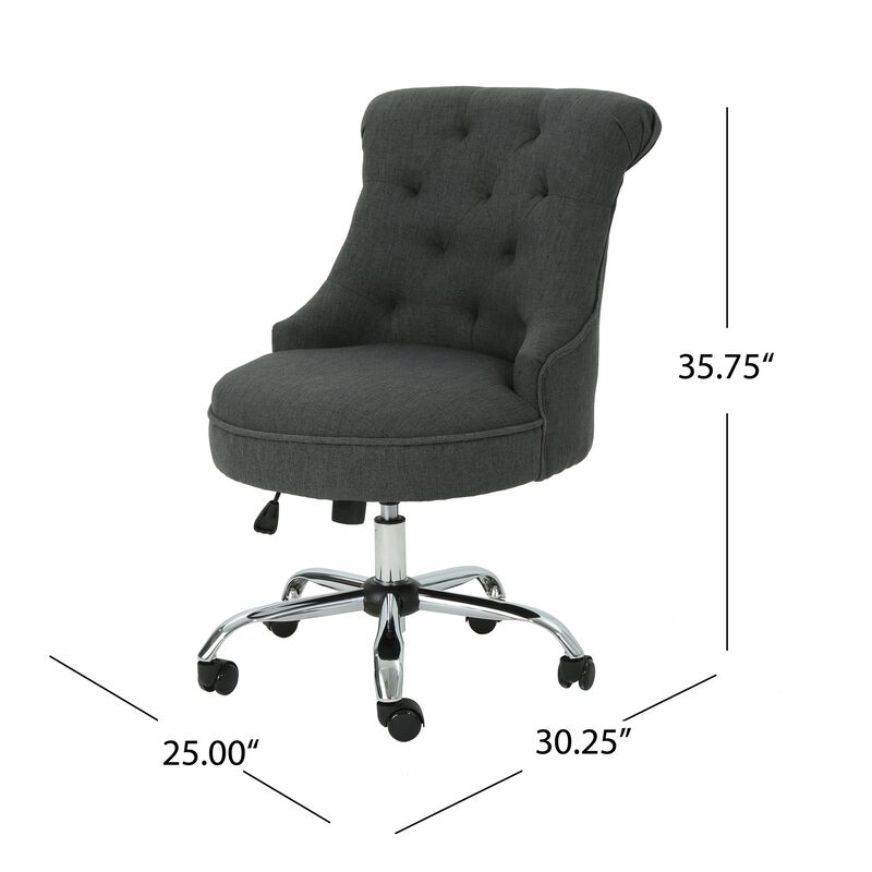Ovi Swivel Office Chair, Rolling Wheels, Dark Gray Fabric, Tufted Back -Benzara
